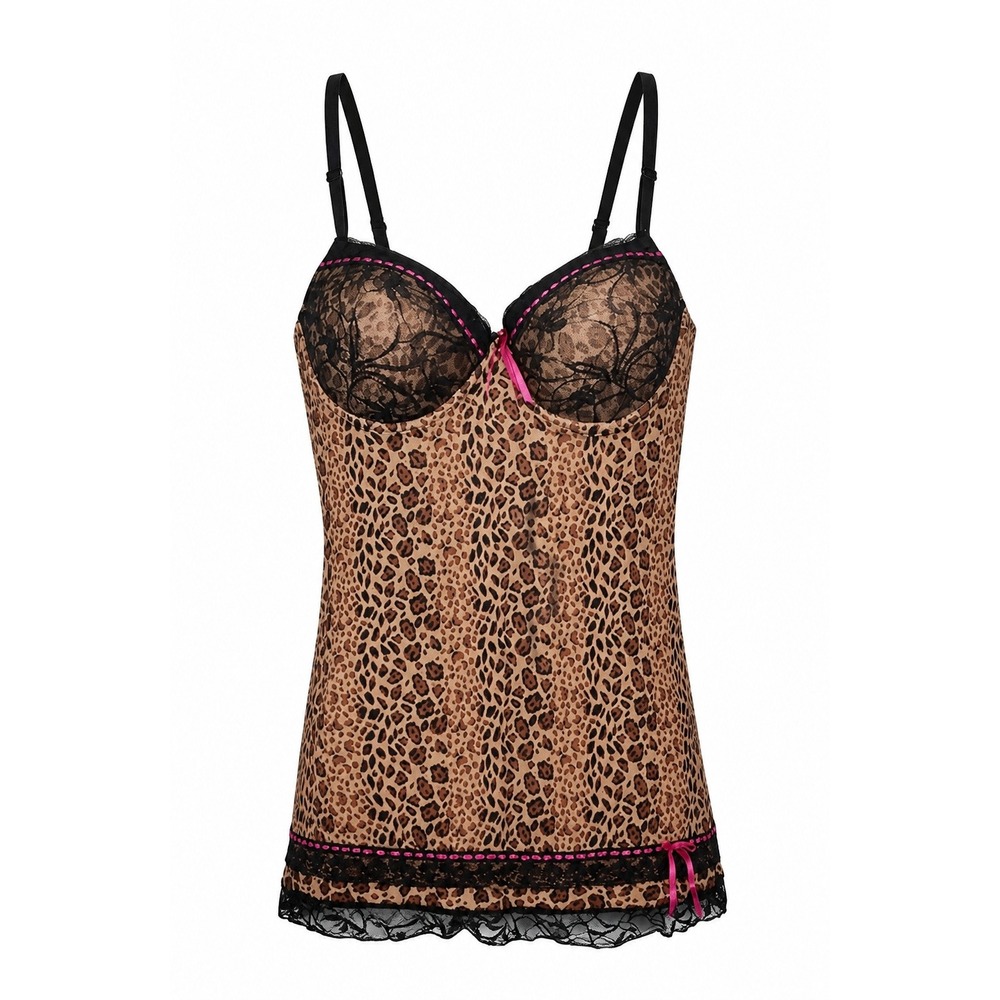 Per Lei Leopard Print Lace Trim Chemise Med Pink Bow Accent Padded Molded Cups